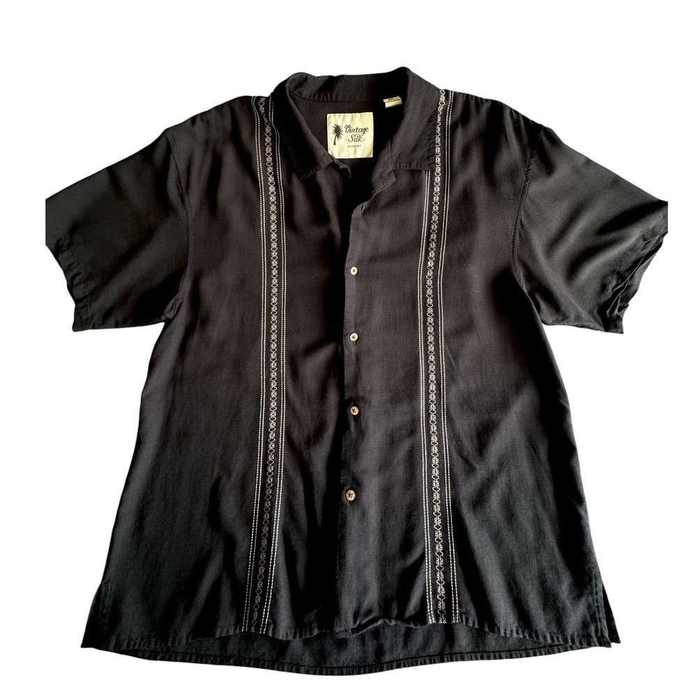 Vintage Silk Circa 1969 Mens XXL Black Silk Blend Embroidered Camp Shirt XXL